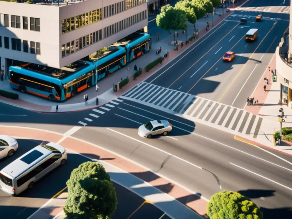 Vista aérea de una ciudad bulliciosa con autos y buses en un ballet urbano