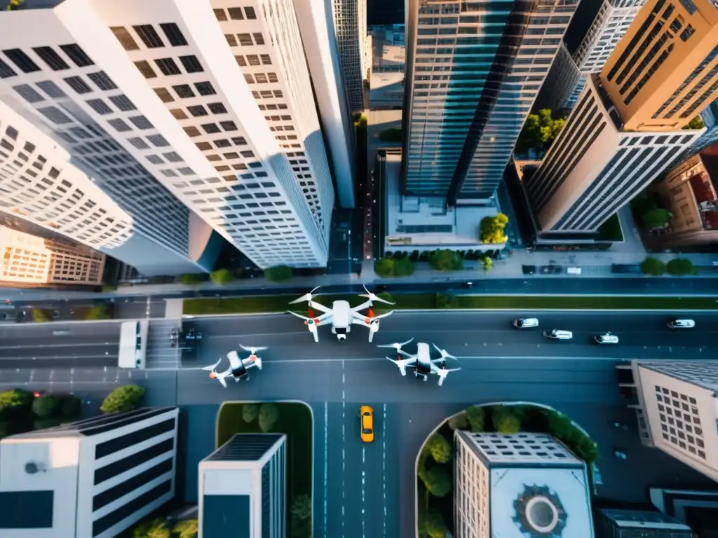 Vista aérea de una ciudad bulliciosa con drones capturando actividades