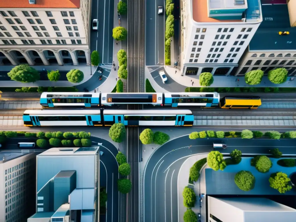 Vista aérea de ciudad con buses, trenes y bicicletas en calles