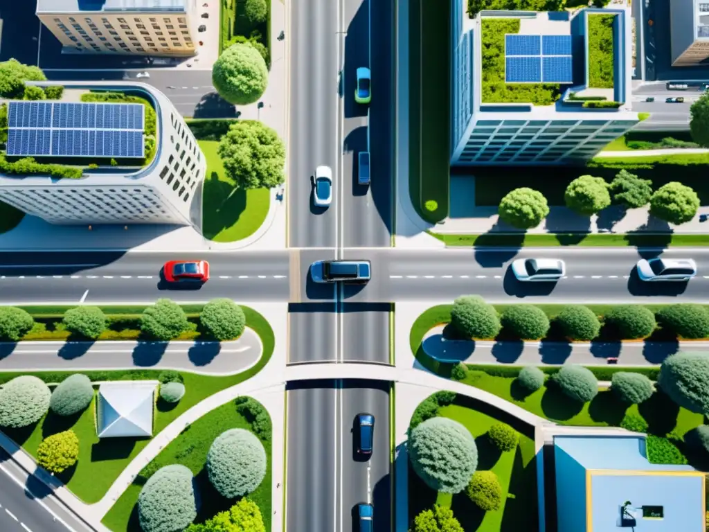 Vista aérea de una ciudad con carriles de carpooling, vehículos eléctricos y ciclistas, en la revolución del carpooling digital sostenible