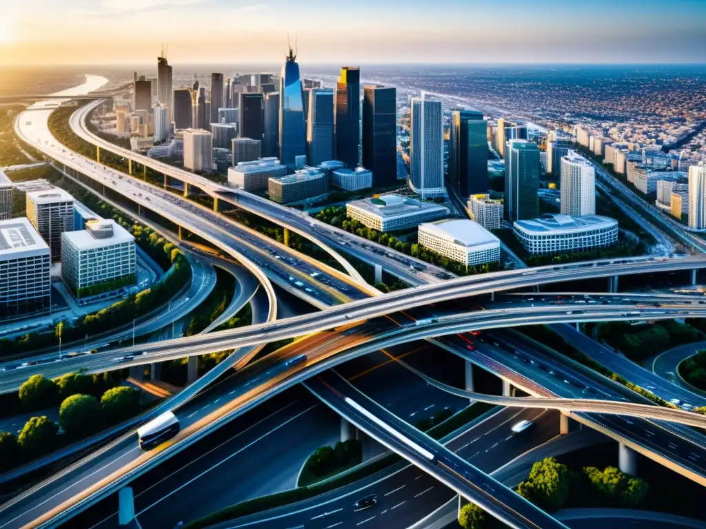 Vista aérea de una ciudad con compleja red de carreteras, destaca la importancia de la optimización de rutas en apps de navegación