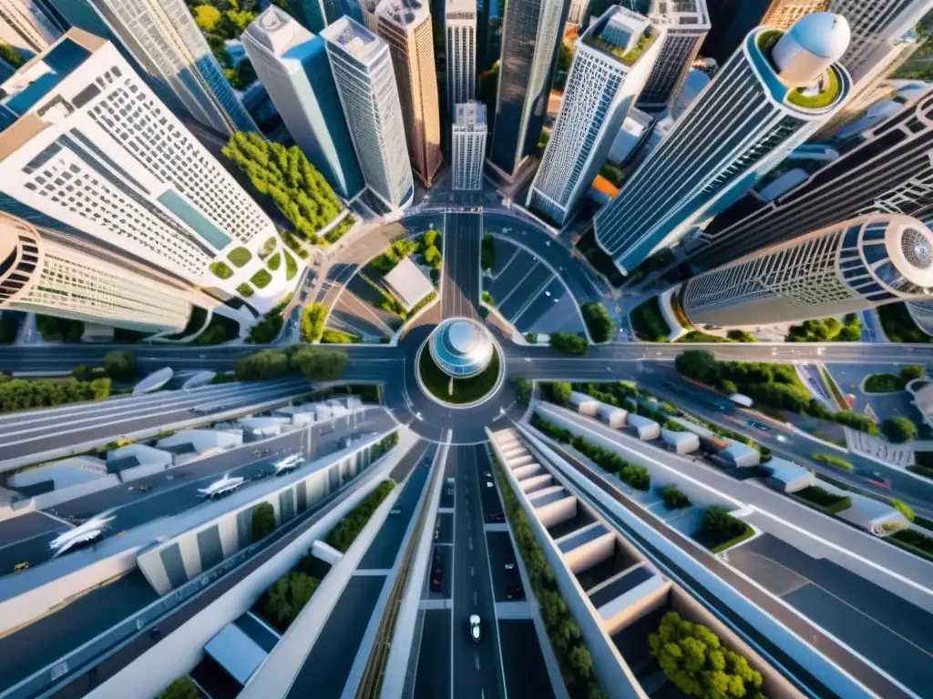 Vista aérea de la ciudad con drones variados y compleja red de tecnología en el espacio aéreo