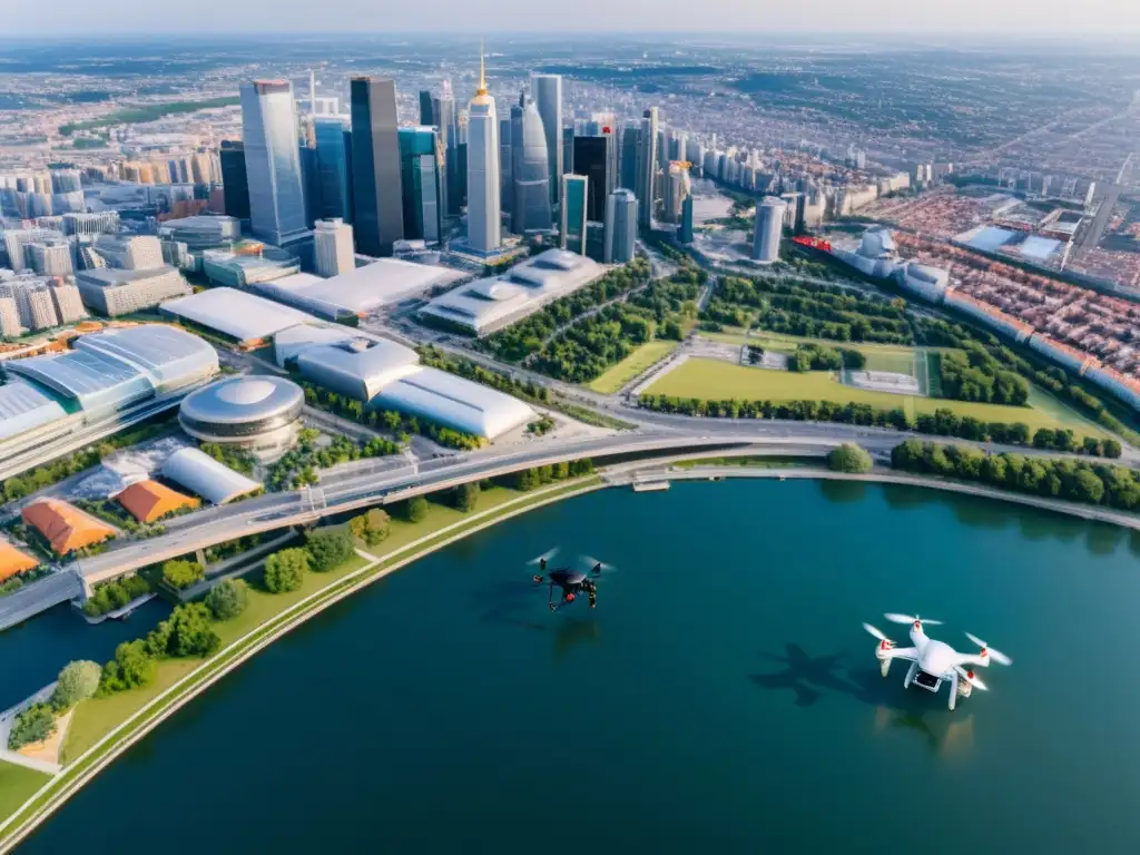 Vista aérea de la ciudad con drones en distintas altitudes, mostrando tecnología y seguridad en el espacio aéreo urbano