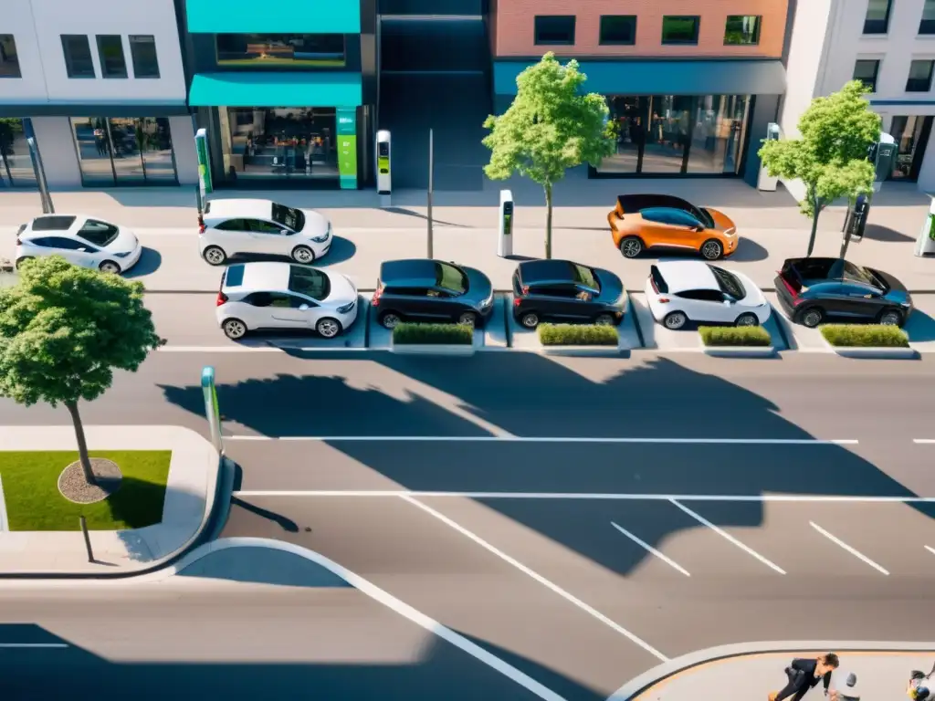 Vista aérea de una ciudad con estaciones de carga para vehículos eléctricos, reflejando oportunidades de negocio en vehículos eléctricos