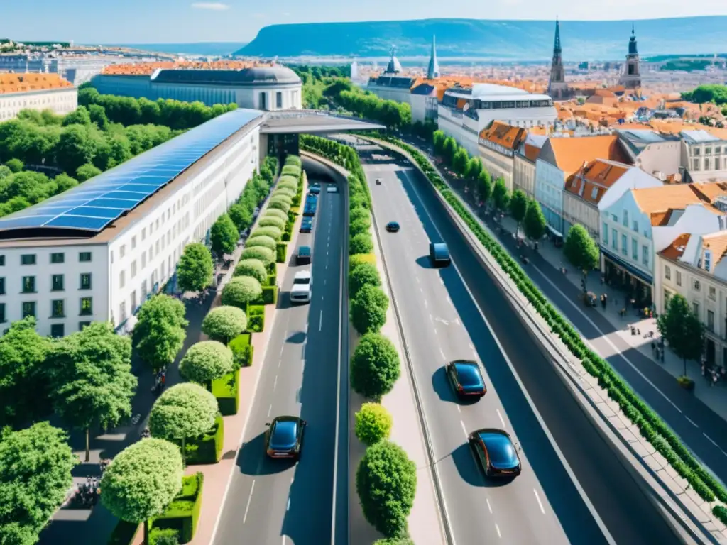 Vista aérea de una ciudad europea con vehículos eléctricos y tradicionales, calles verdes y movilidad sostenible