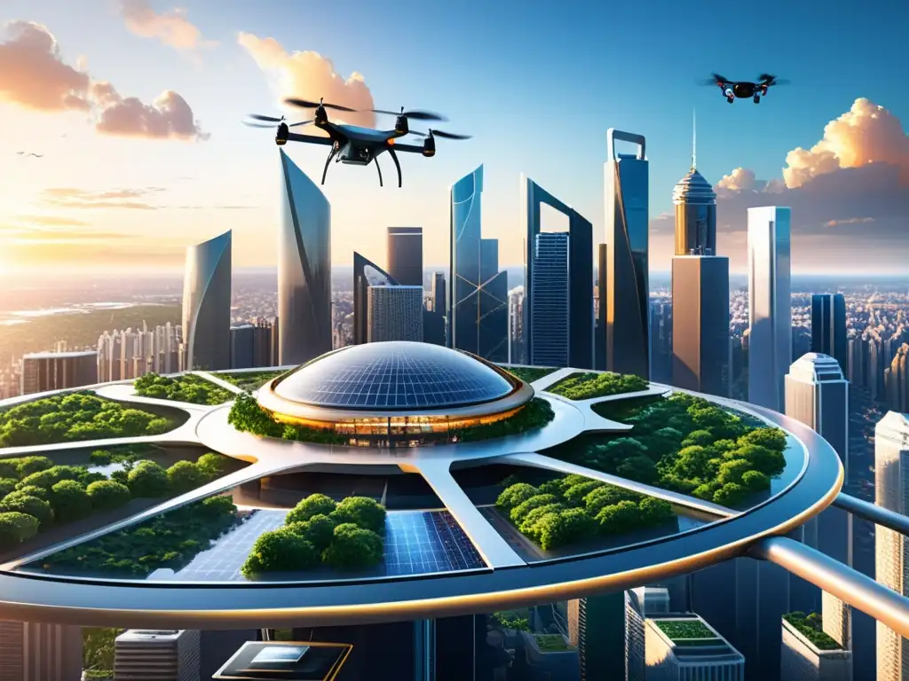 Vista aérea de la ciudad futurista con movilidad aérea urbana y tecnología sostenible al atardecer