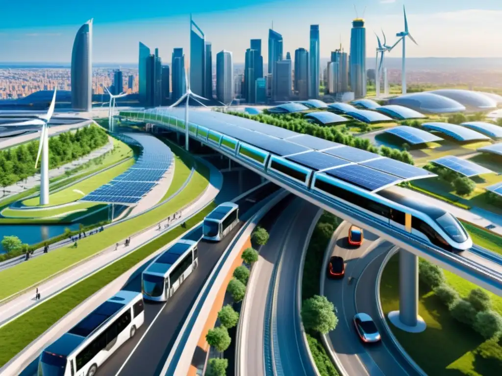 Vista aérea de una ciudad futurista con sistemas de transporte eléctricos integrados