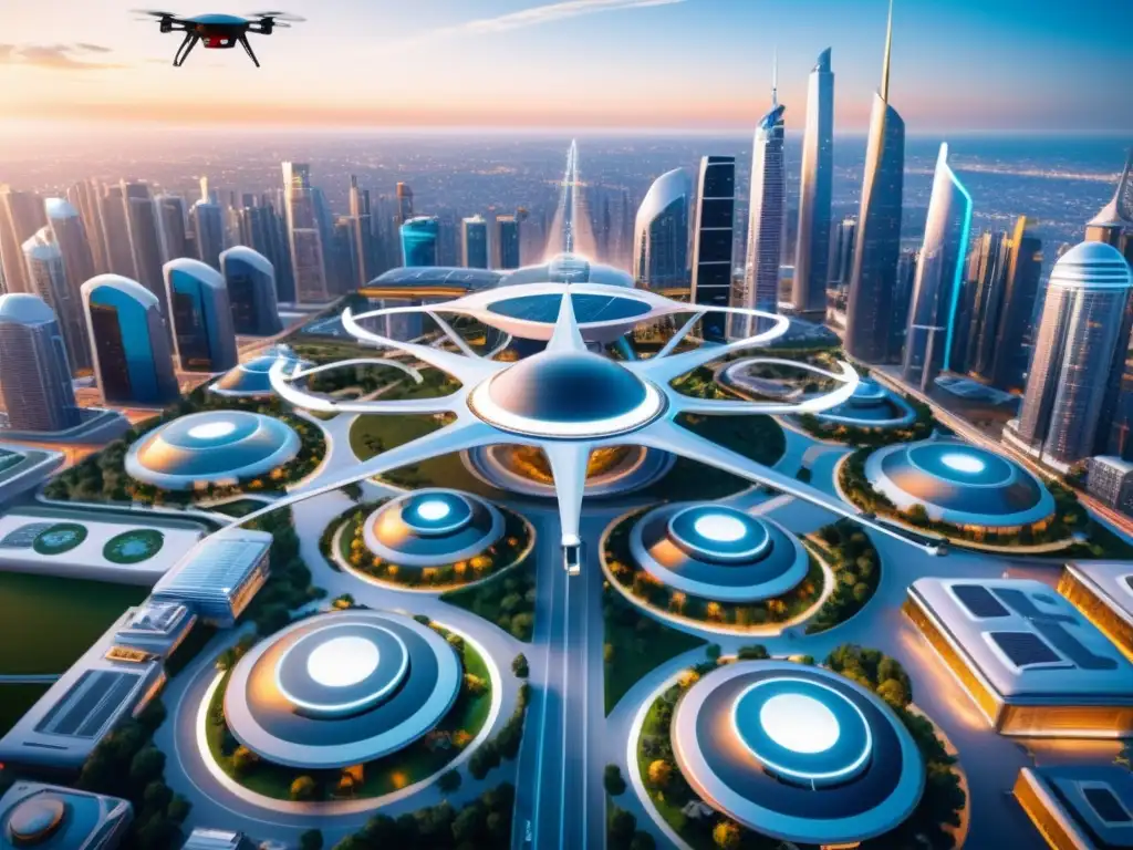 Vista aérea de la ciudad futurista con infraestructura para drones y vehículos aéreos, mostrando un entorno urbano tecnológicamente avanzado