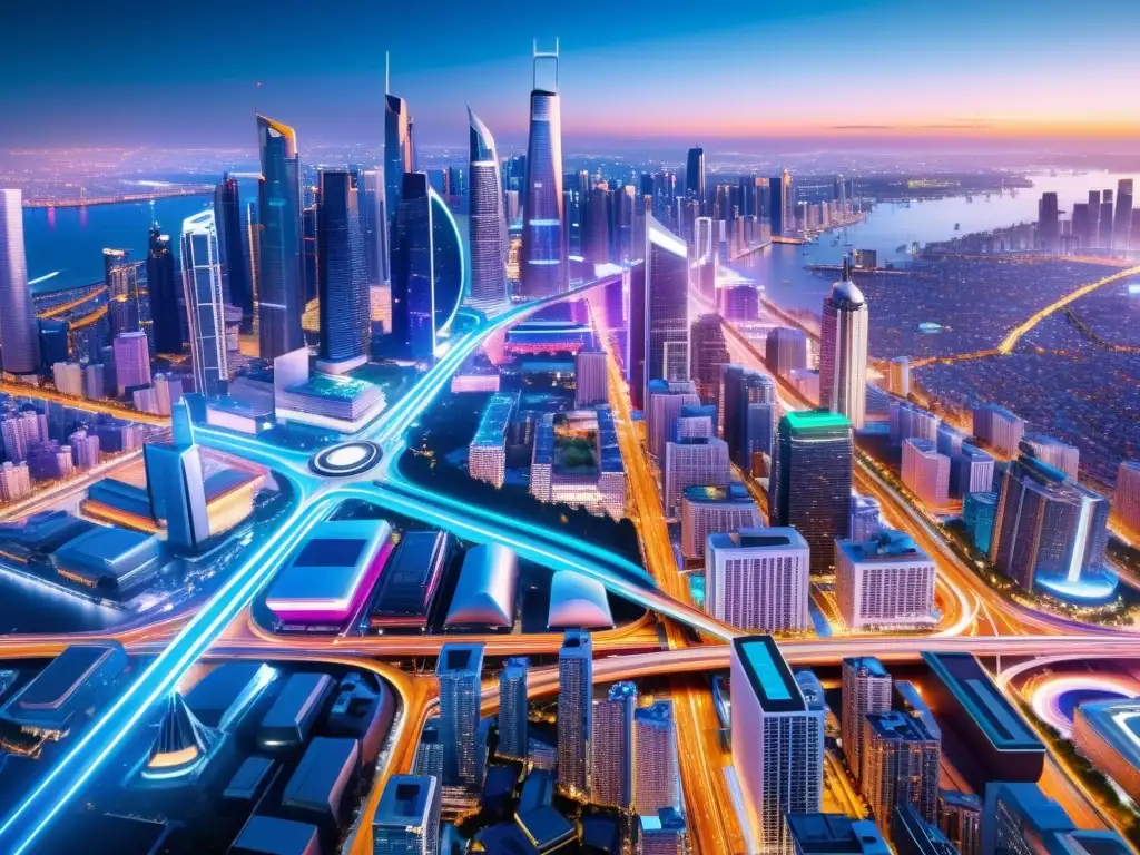 Vista aérea de ciudad futurista con tecnología avanzada e integración de datos abiertos en el desarrollo STI