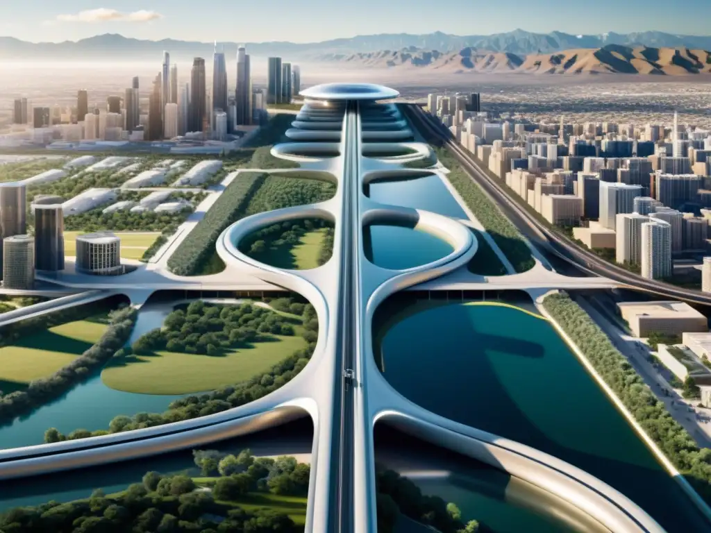 Vista aérea de ciudad futurista con Hyperloop integrado, impactando aspecto social y asequibilidad urbanos