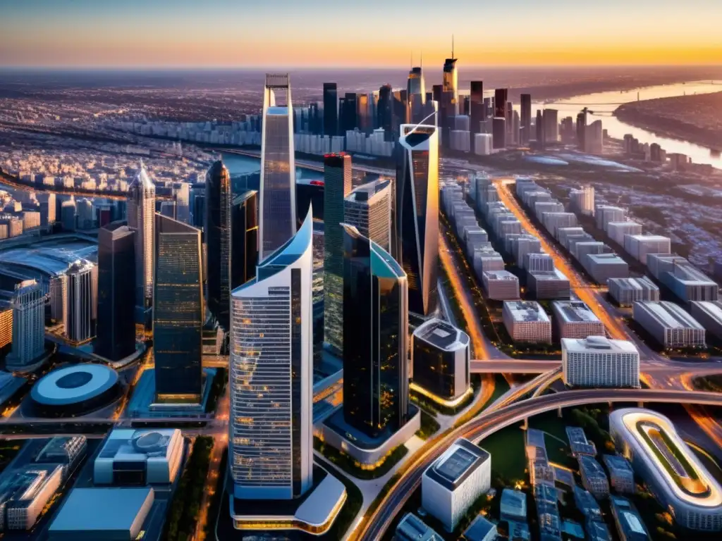 Vista aérea de una ciudad futurista al atardecer, con rascacielos y autopistas, reflejando el desarrollo de medios de transporte modernos