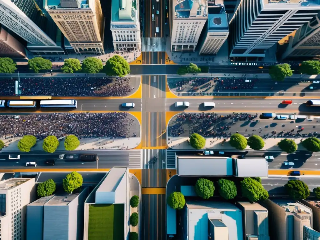 Vista aérea de ciudad con gran evento, mostrando planificación transporte urbano grandes eventos