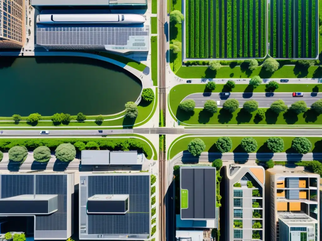 Vista aérea de una ciudad con infraestructura sostenible y tecnologías verdes, destacando la integración armoniosa y el progreso urbano