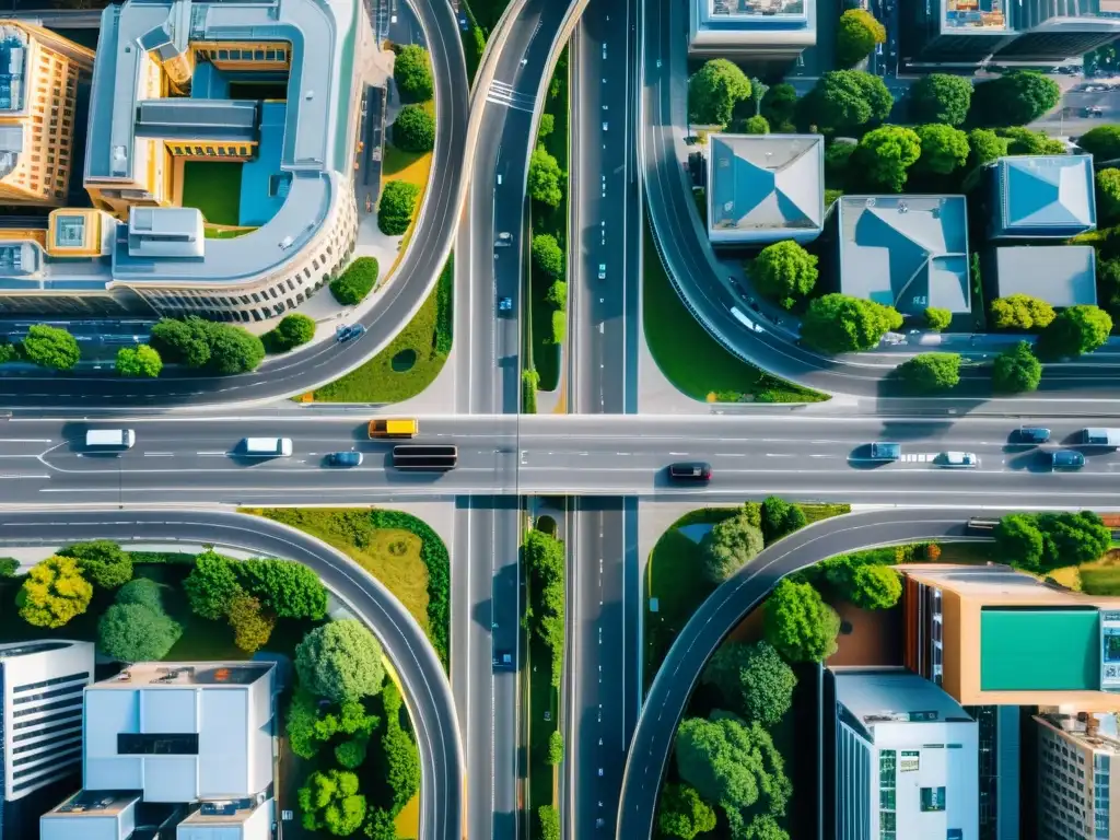 Vista aérea de una ciudad moderna con avanzadas medidas de seguridad en transporte terrestre