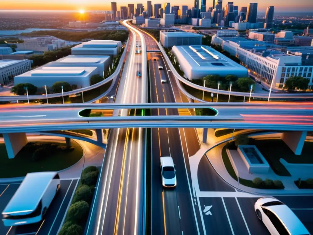 Vista aérea de una ciudad moderna con autopistas eléctricas innovadoras evolución transporte y vehículos futuristas