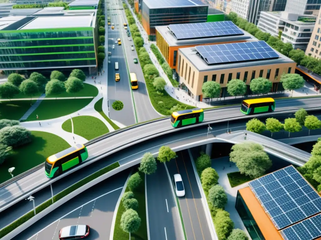 Vista aérea de una ciudad moderna con transporte sostenible y planificación urbana integrada, destacando electricidad y energía renovable