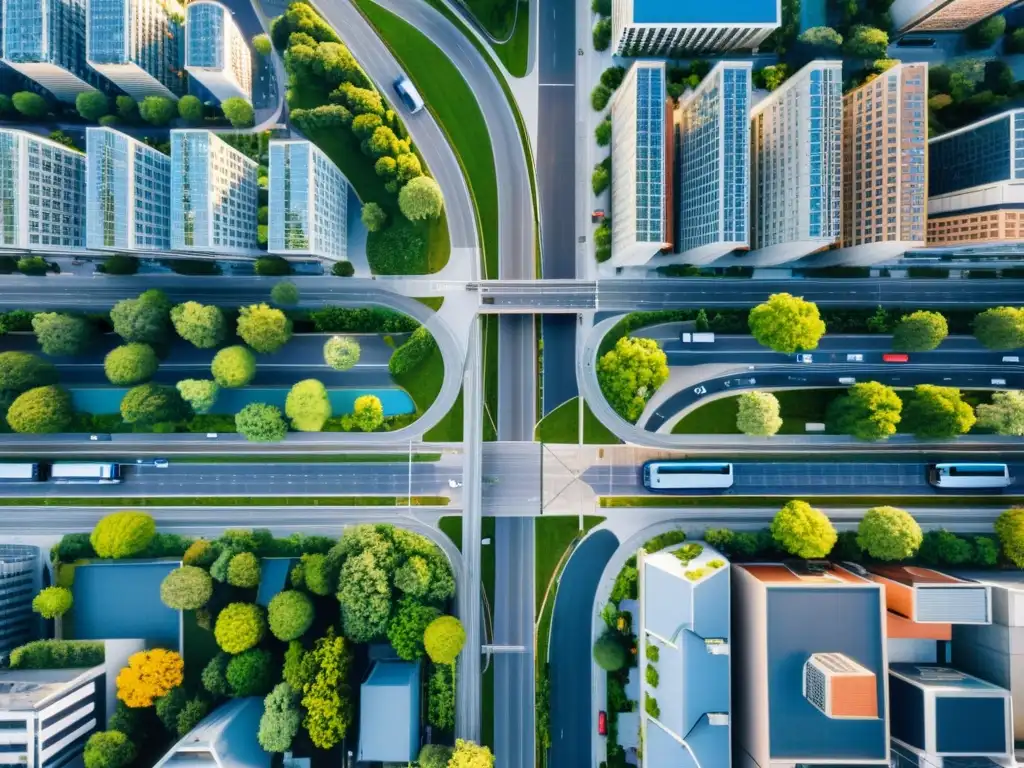 Vista aérea de una ciudad moderna con infraestructuras de transporte sostenible, como carriles para bicicletas, autobuses eléctricos y espacios verdes