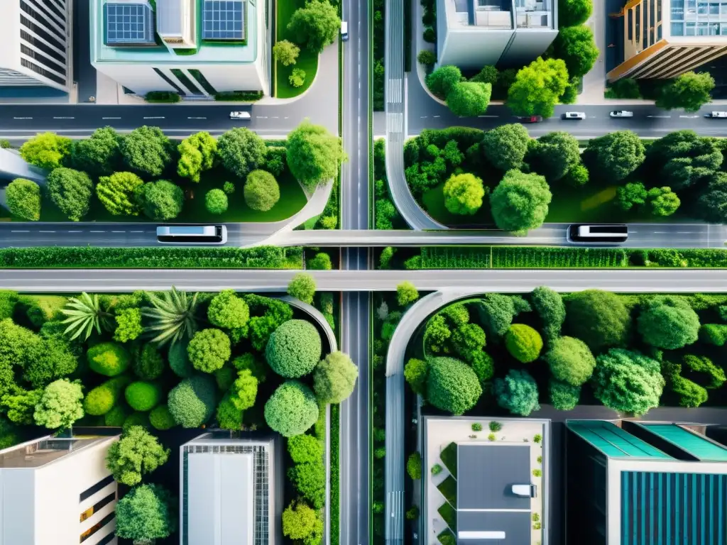 Vista aérea de ciudad moderna con transporte sostenible evolución historia integrado en armonía con la naturaleza