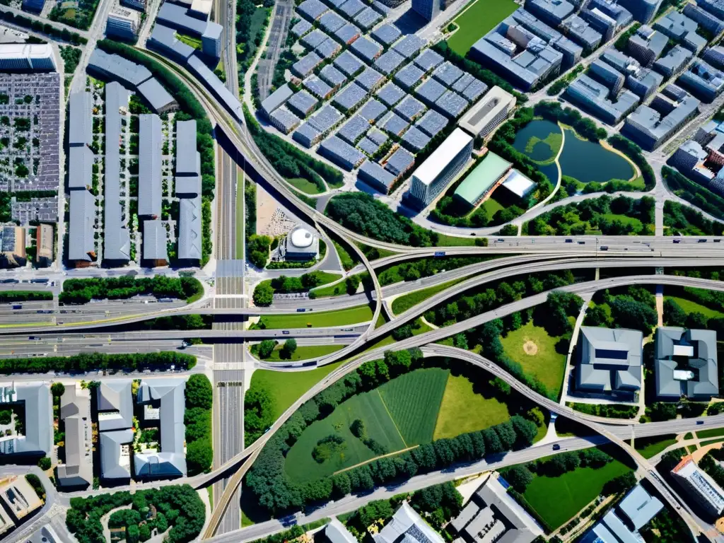 Vista aérea de la ciudad con movilidad eficiente, rutas accesibles y diseño urbano inclusivo