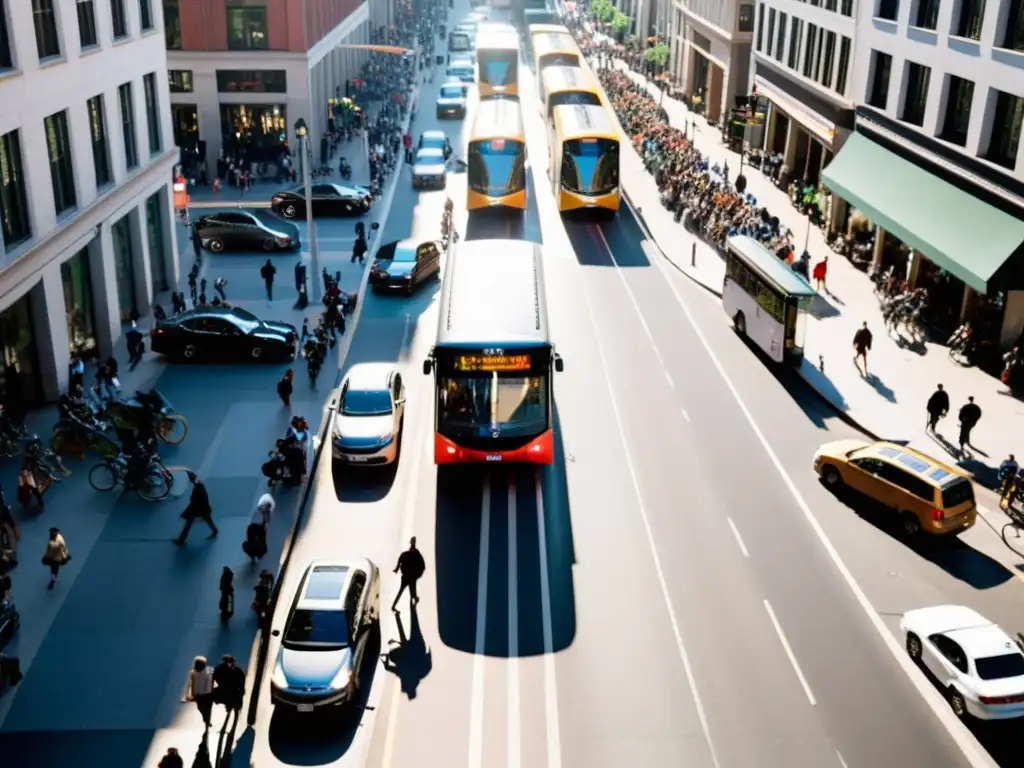 Vista aérea de la ciudad en movimiento, reflejando la personalización del transporte urbano con diversidad de modos y energía vibrante