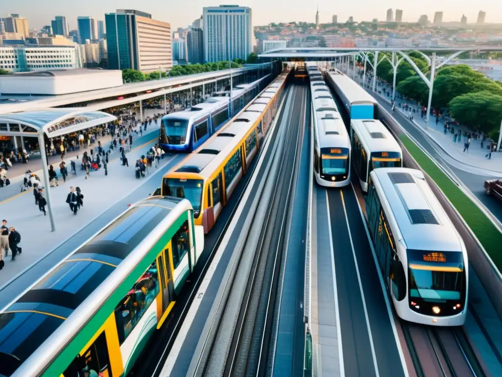 Vista aérea de una ciudad en movimiento con redes de transporte público reduciendo dependencia coche privado