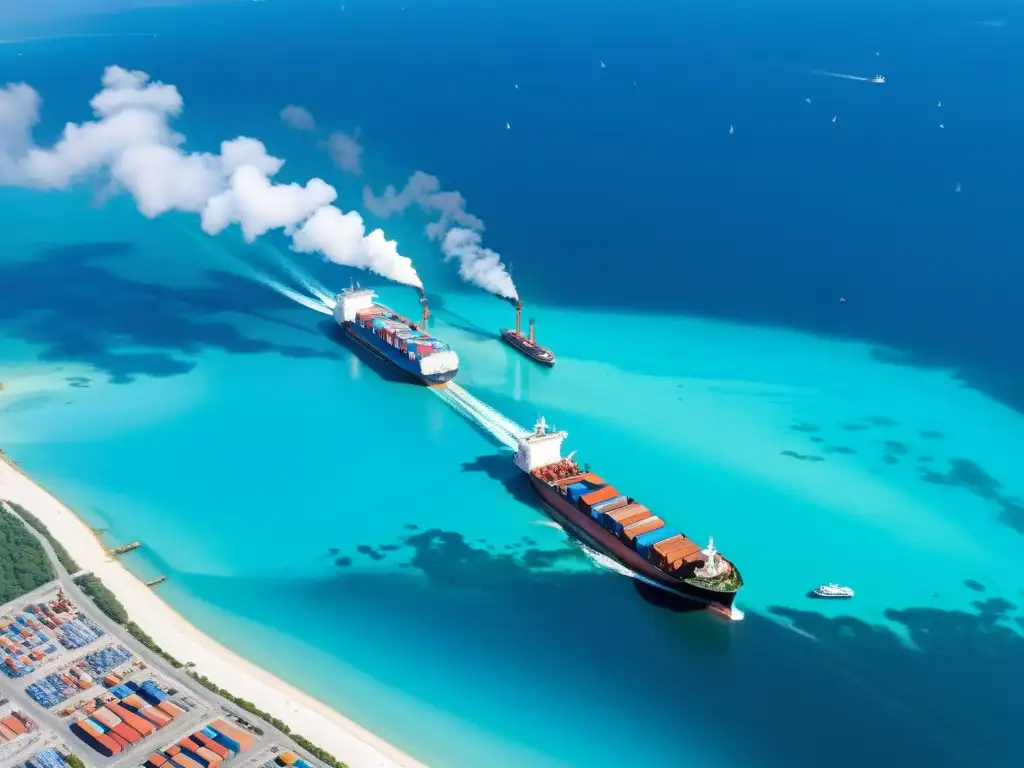 Vista aérea de una ciudad portuaria con barcos y aguas azules, resaltando la importancia de la reducción de emisiones y las regulaciones marítimas