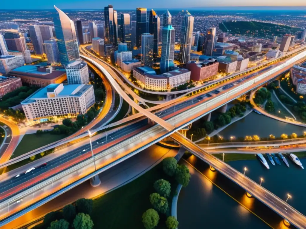 Vista aérea de una ciudad con red de carreteras, vehículos en movimiento y drones