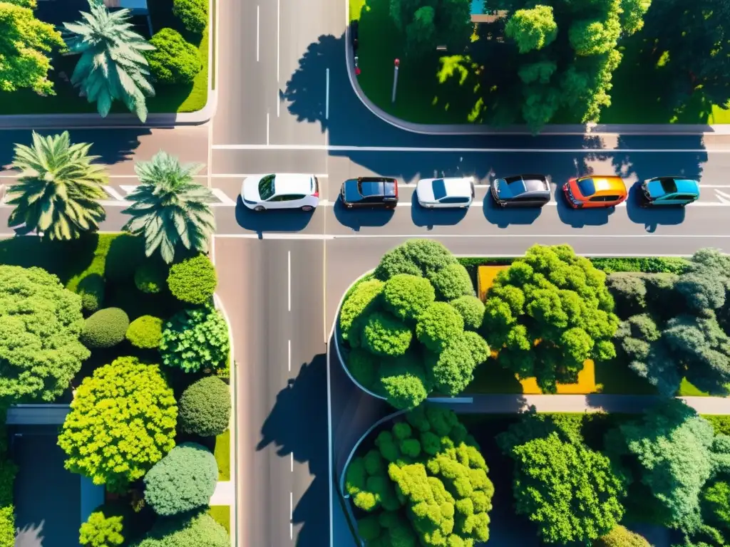 Sostenible ciudad: Ridesharing ecológico en la urbe Vista aérea de una ciudad sostenible con plataformas de ride sharing ecológico en calles coloridas y vehículos modernos, en armonía con la naturaleza