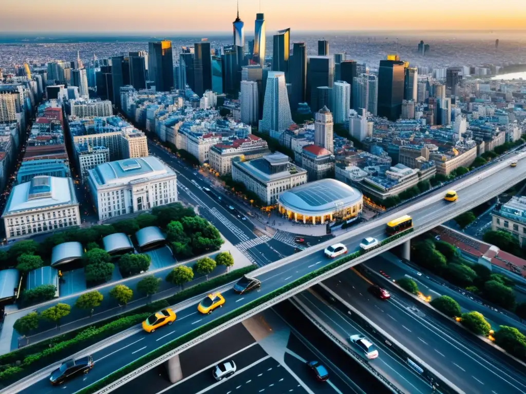 Vista aérea de ciudad con taxis y ride sharing, destaca el impacto ambiental y la complejidad de la movilidad urbana