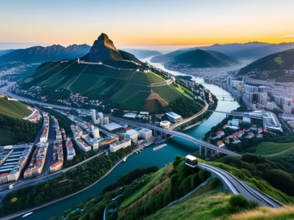 Teleféricos urbanos iluminados al atardecer Vista aérea de una ciudad con teleféricos urbanos, conectando partes en geografía complicada