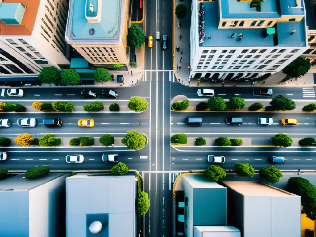 Vista aérea de una ciudad con tráfico intenso y vehículos de economía colaborativa integrados, mostrando el impacto social de la economía colaborativa en el transporte urbano