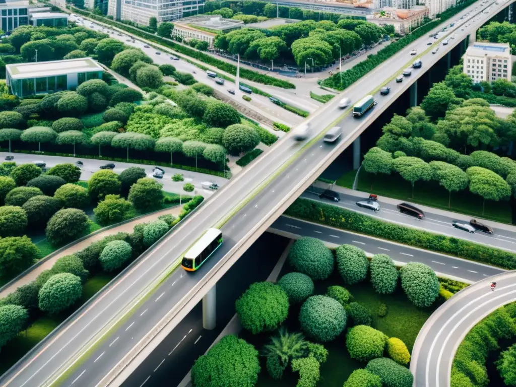 Vista aérea de una ciudad con transporte sostenible y adaptación al cambio climático