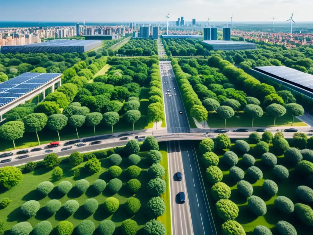 Vista aérea de una ciudad urbana con movilidad sostenible y reducción de huella de carbono urbana