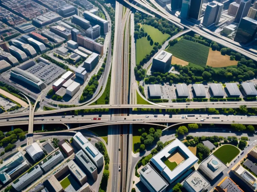 Vista aérea de una ciudad urbana vibrante, con un entramado de carreteras y edificios