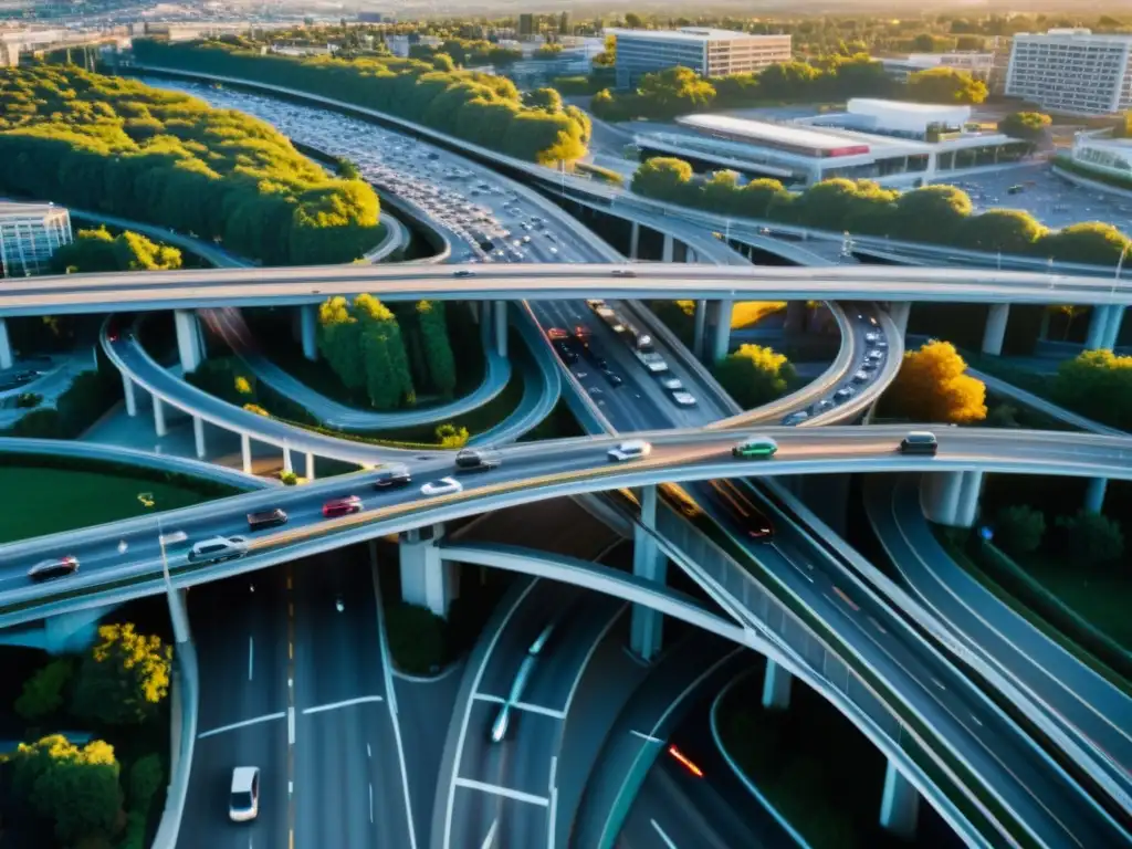 Vista aérea de una ciudad urbana congestionada y un peaje urbano, impacto en la movilidad y congestión en hora punta al atardecer