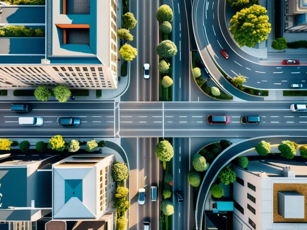 Vista aérea de la ciudad con variedad de vehículos, destacando el impacto estético de los vehículos en la ciudad