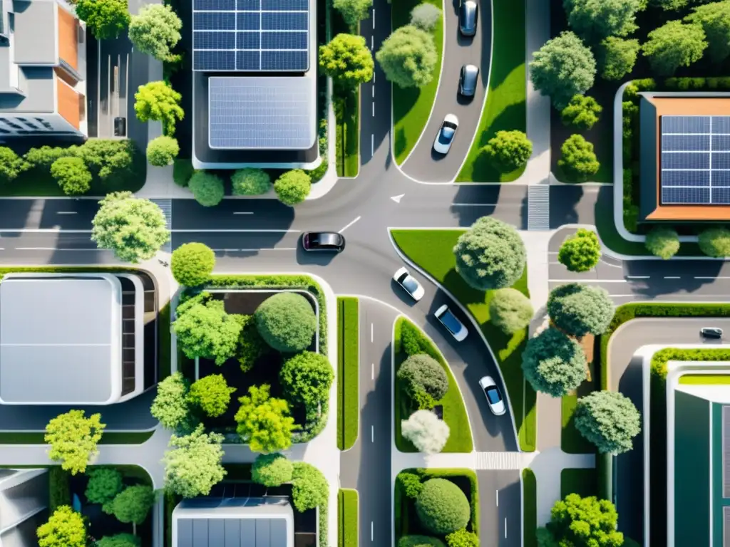 Vista aérea de una ciudad con vehículos eléctricos autónomos, reflejando el impacto ecológico de la conducción autónoma y el transporte verde