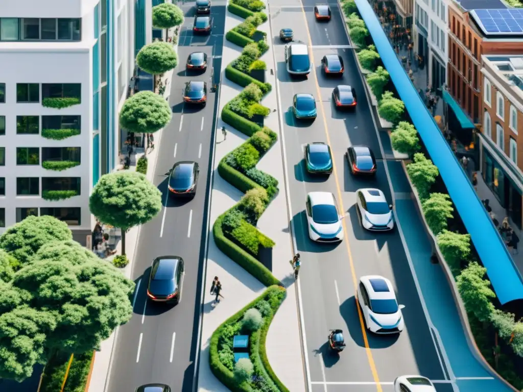 Vista aérea de la ciudad con vehículos autónomos y emisiones reducidas, creando un paisaje urbano futurista y sostenible