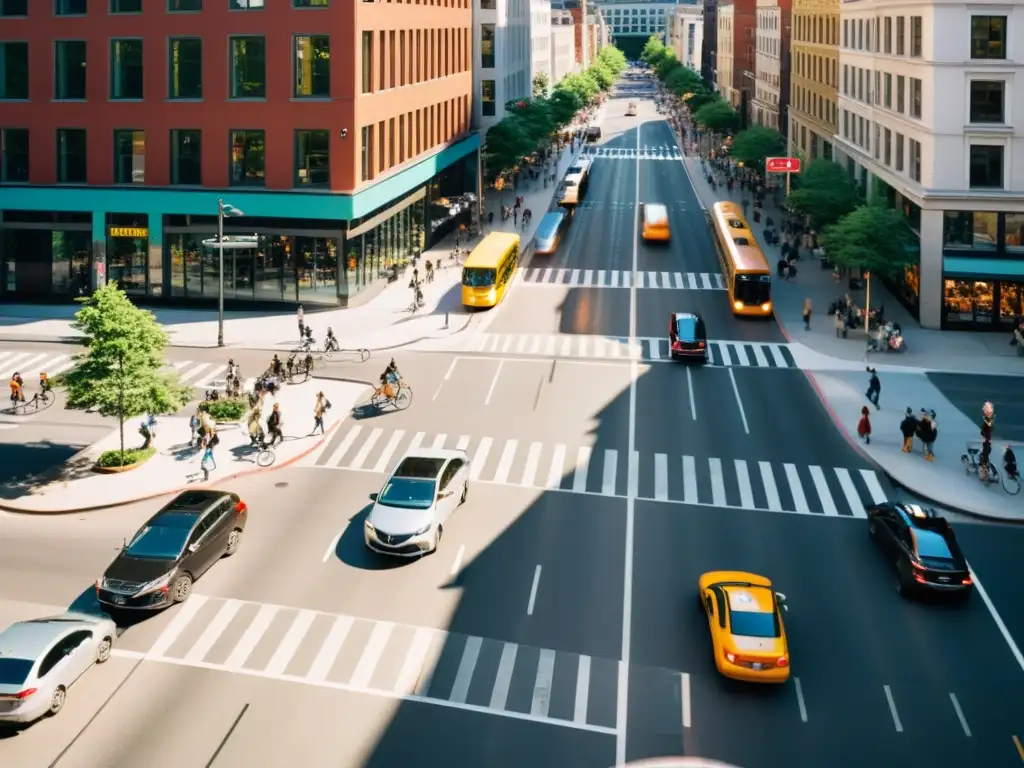 Vista aérea de una ciudad vibrante, con transporte sostenible y conciencia ambiental en armonía urbana