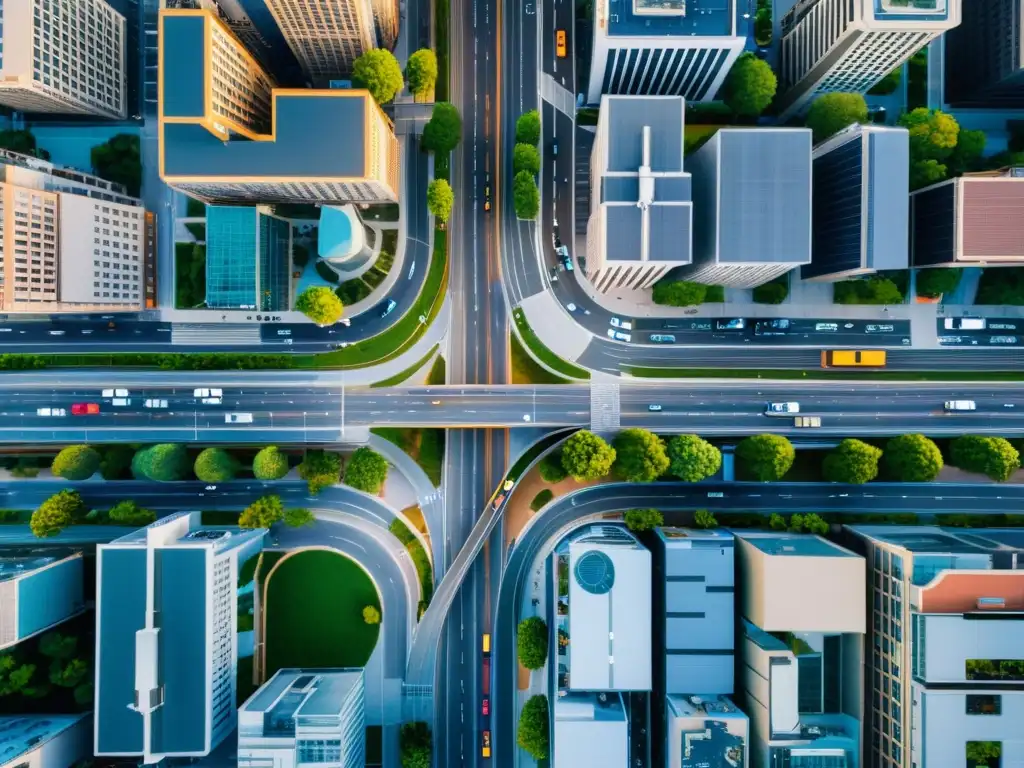 Vista aérea de una ciudad vibrante con calles y edificios, destacando la red urbana y las mejoras en aplicaciones de navegación