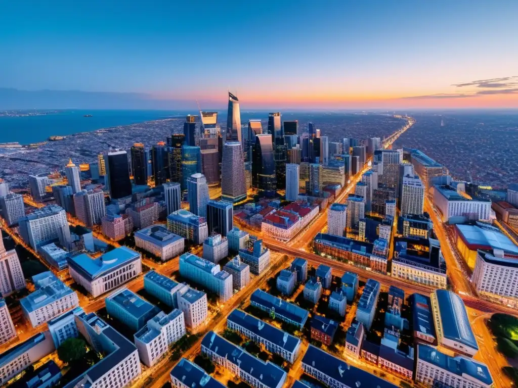 Vista aérea de una ciudad vibrante al anochecer