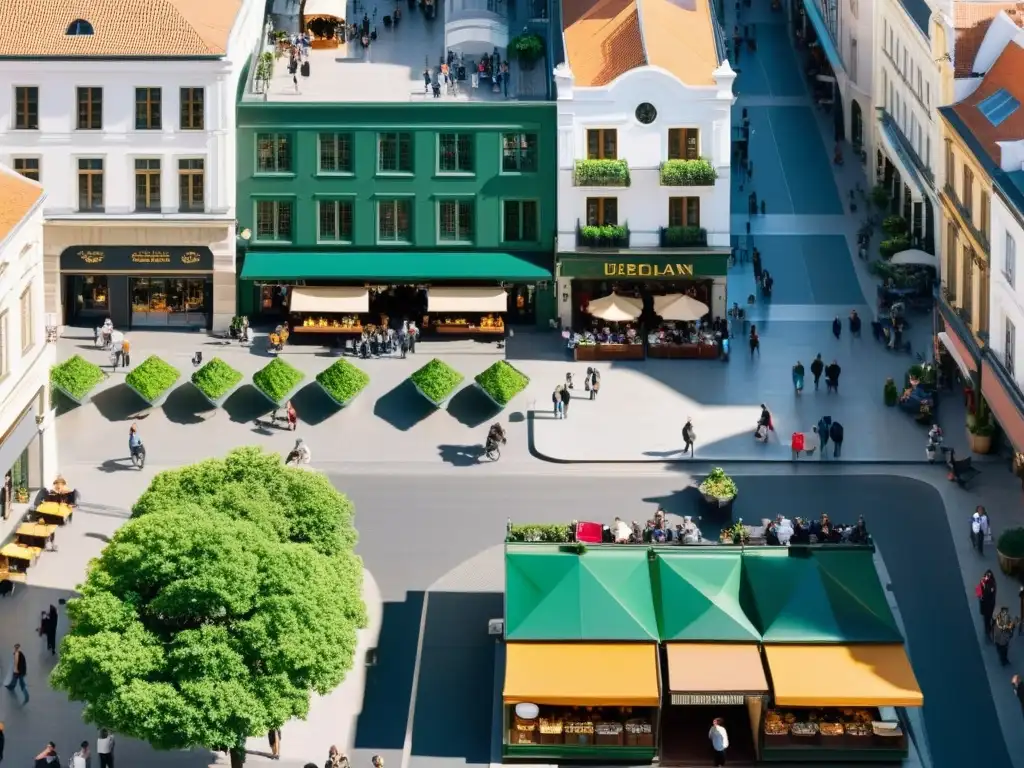 Vista aérea de una ciudad vibrante, con espacios peatonales, plazas y cafés al aire libre