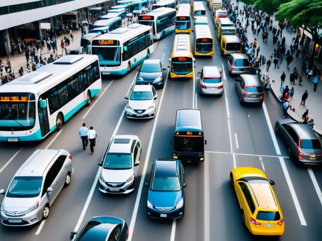 Vista aérea de una concurrida calle de la ciudad, con buses, autos y peatones