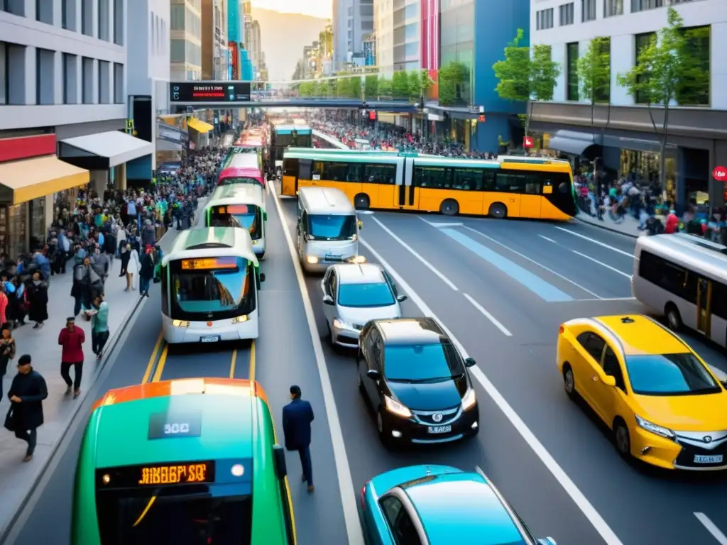 Vista aérea de una concurrida calle de la ciudad durante la hora pico, mostrando la compleja relación entre ride sharing y transporte público en el paisaje urbano