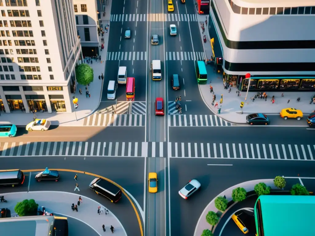 Vista aérea de una concurrida intersección en una ciudad, resaltando la complejidad del transporte urbano en juegos de construcción de ciudades