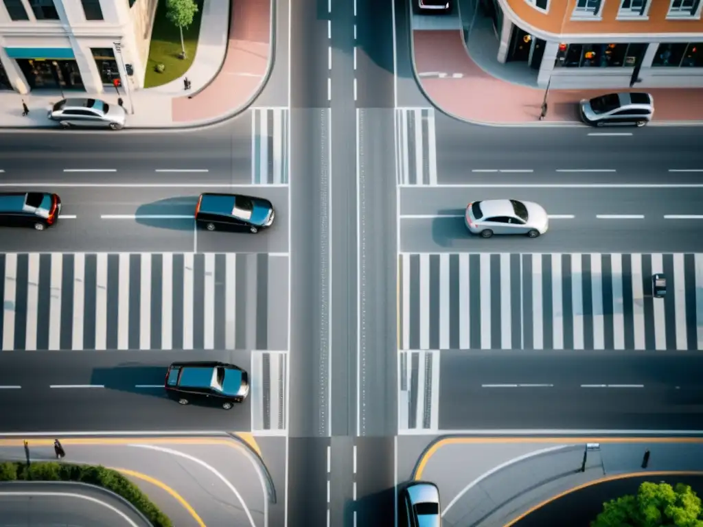 Vista aérea de una concurrida intersección urbana, resaltando la necesidad de sistemas de cámaras de punto ciego avanzados para la seguridad vial