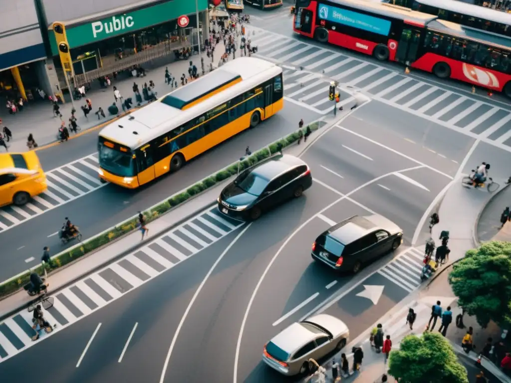 Vista aérea de cruce urbano con autobús público, peatones y tráfico