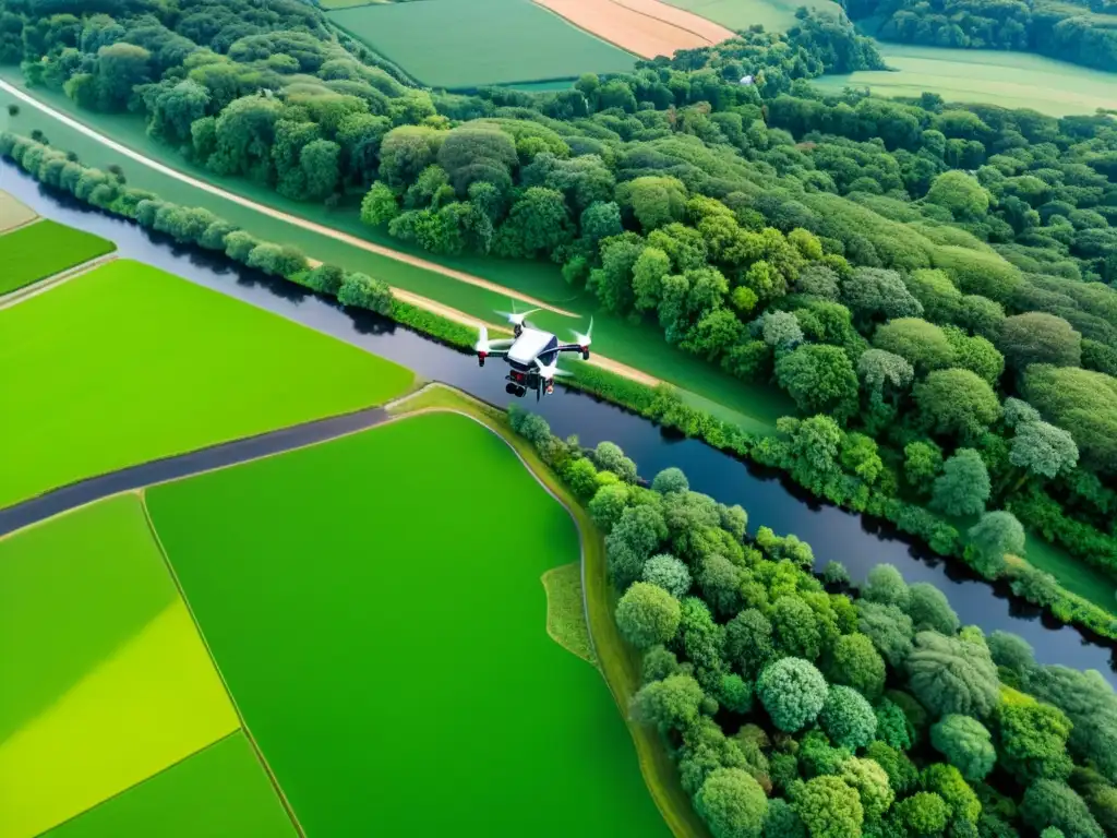 Vista aérea de un dron recopilando datos sobre un paisaje verde exuberante