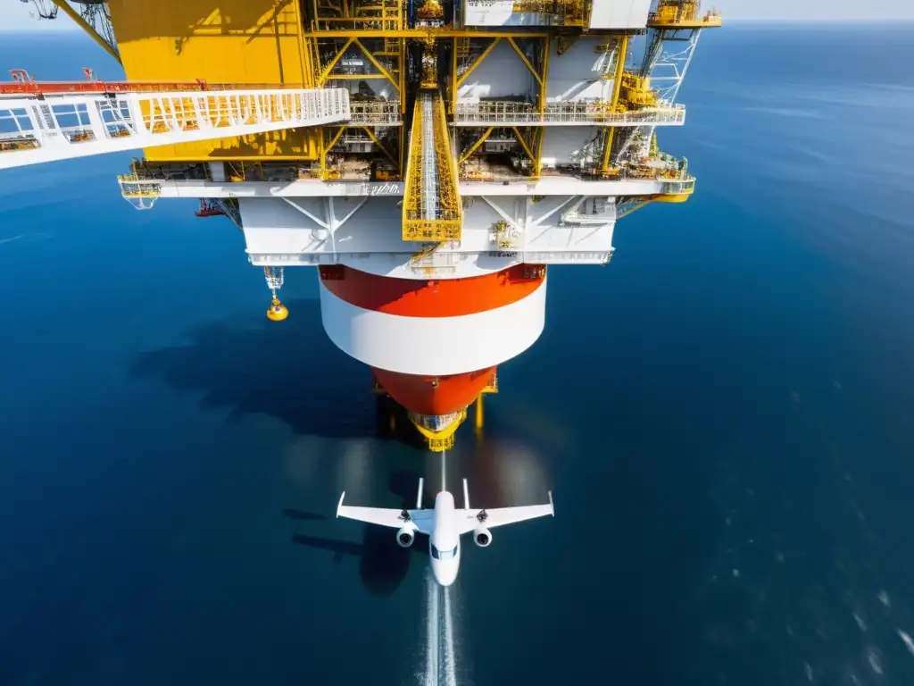 Vista aérea de un dron sobre una plataforma petrolera en el mar, mostrando la red de tuberías, maquinaria y trabajadores