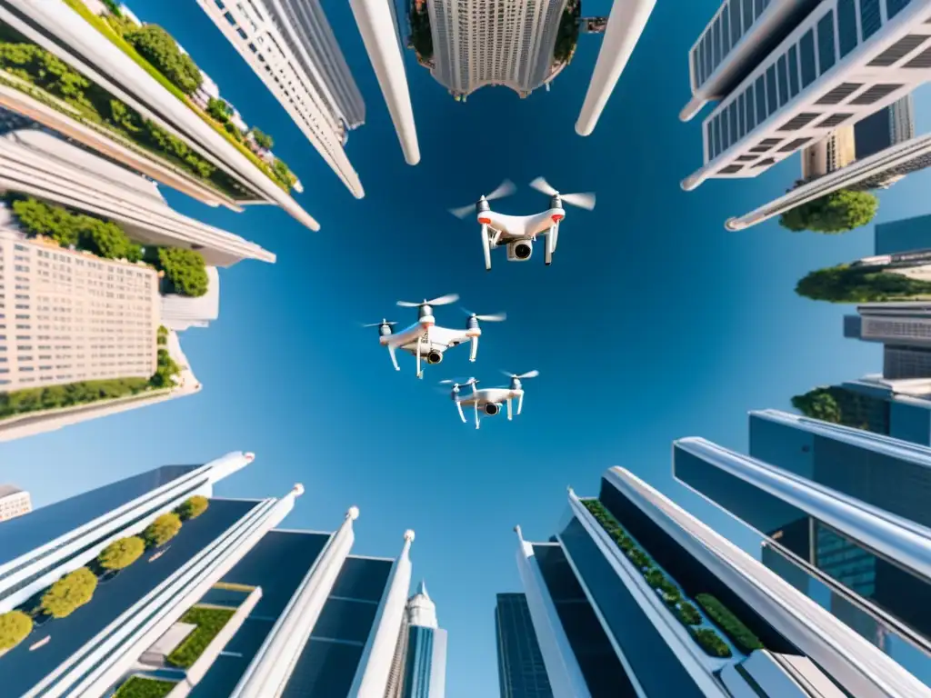 Vista aérea de drones en el bullicioso espacio aéreo urbano, ilustrando la seguridad y complejidades de gestionar el tráfico de drones en ciudades